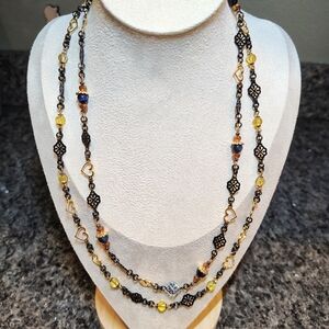 Magickal Lapis And Yellow Crystal Stone Chain Patterned Whimsy Harmony Necklace